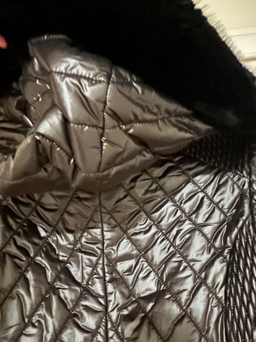 Karen Millen Black Quilted Puffer Coat with Faux Fur Trim